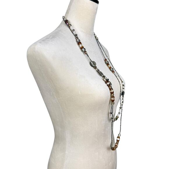 Coldwater Creek Brown Neutral Multi Shape Beads Seed Bead Layering Long Necklace - Picture 3 of 10